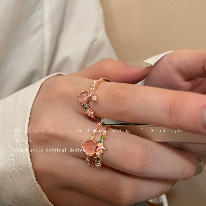 Set Perhiasan Cincin Adjustable Desain Bunga Hati Kristal Mutiara Warna Pink Untuk Wanita