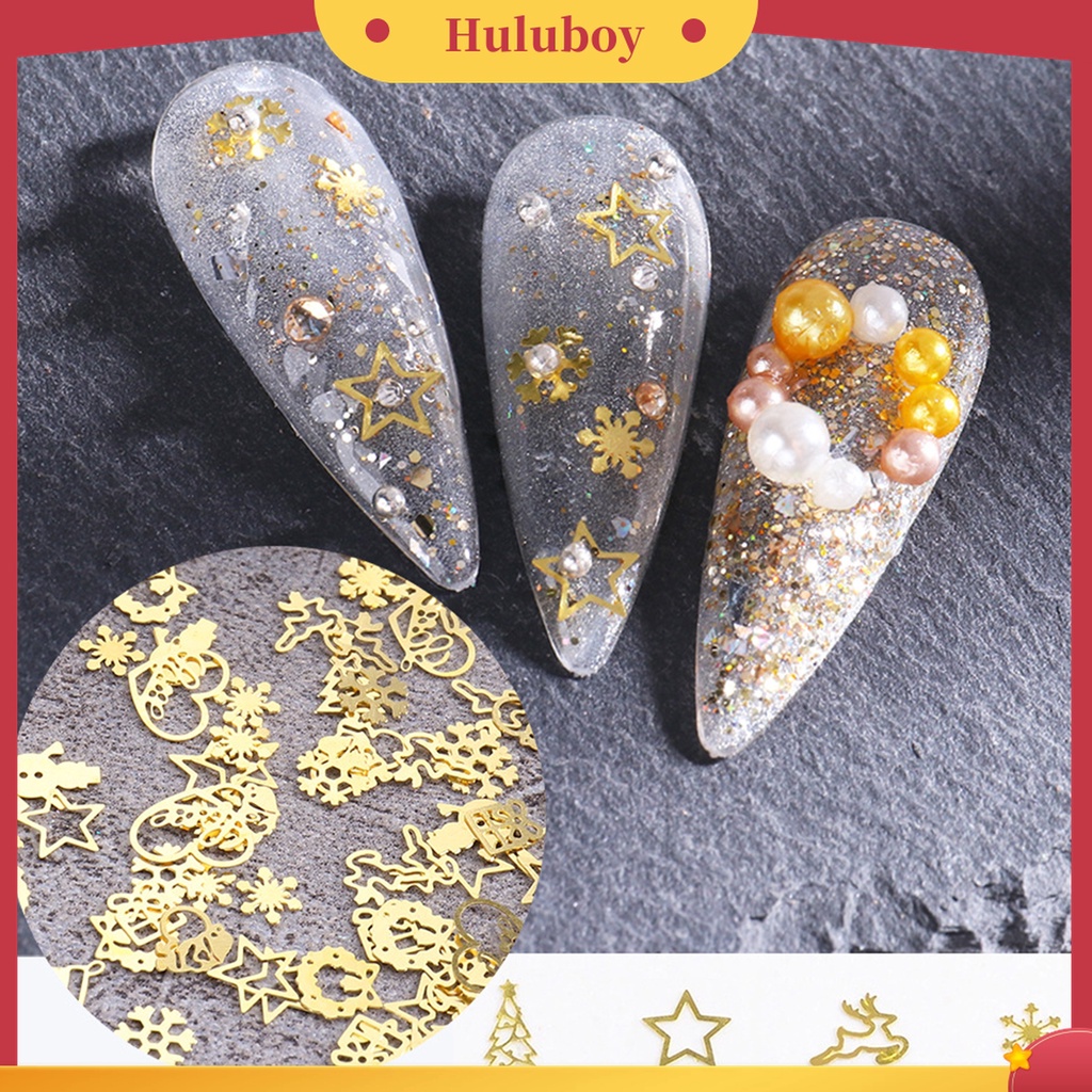 Huluboy Huluboy♡ 1 Kotak Dekorasi Nail Art Bentuk Rusa / Manusia Salju / Snowflake Bahan Metal Warna Emas