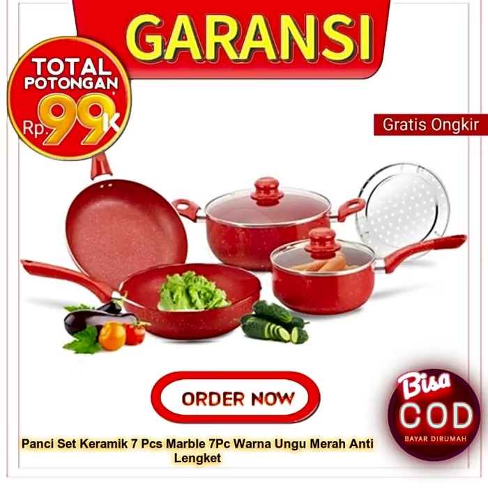 Panci Set Keramik 7 Pcs Marble 7Pc Warna Ungu Merah Anti Lengket
