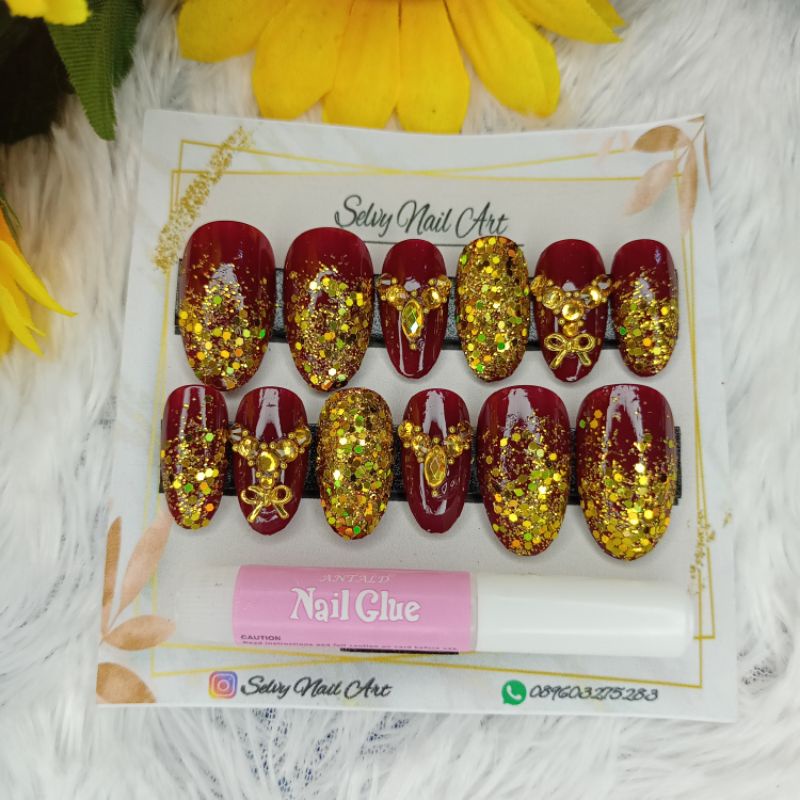 Kuku Palsu Wedding Gold / Kuku Palsu Merah Gold / Kupal Wedding