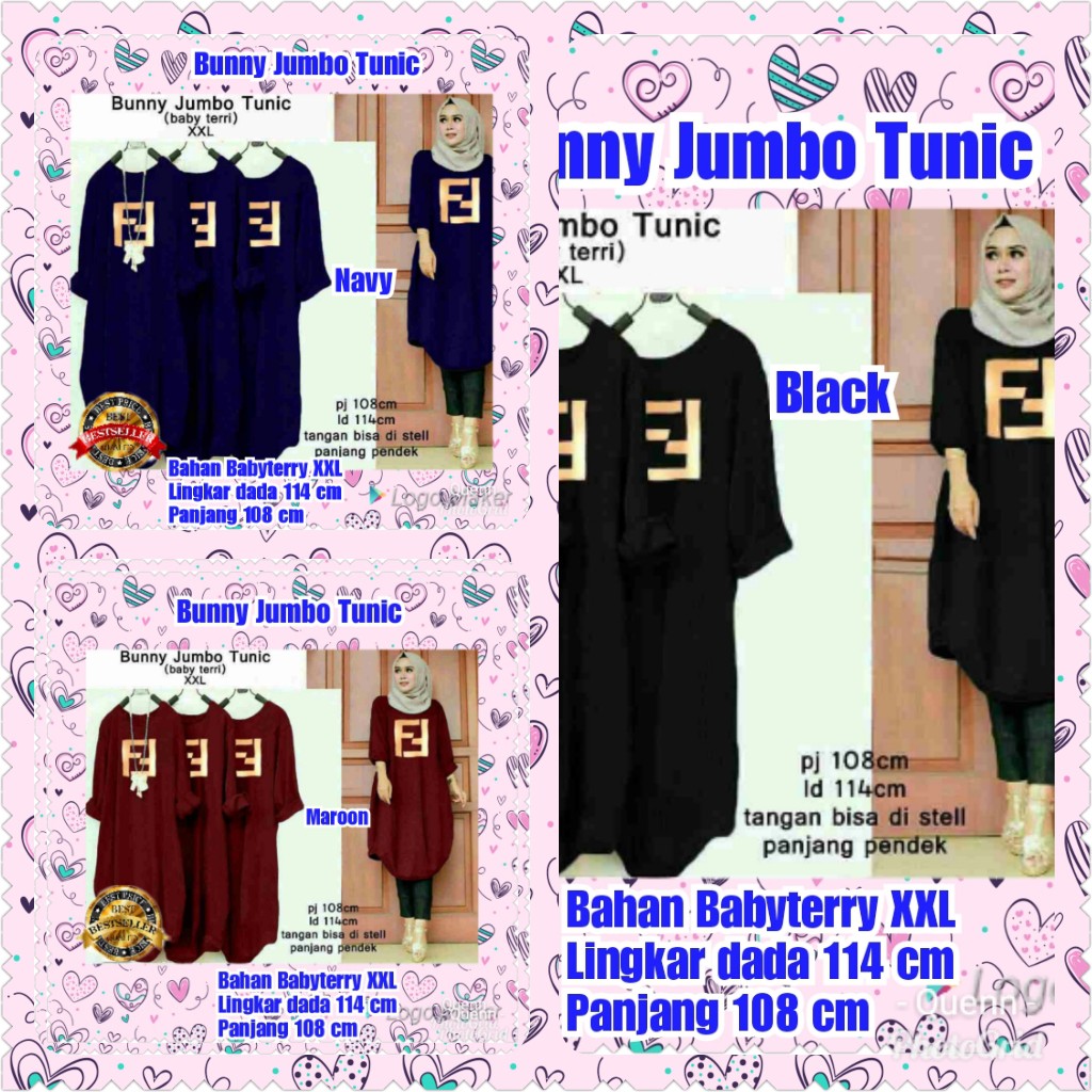 TERMURAH BUNNY JUMBO TUNIC NAVY / MAROON / BLACK /TERBAR /TERPOPULER/TERLARIS /KONDANGAN /TERMURAH