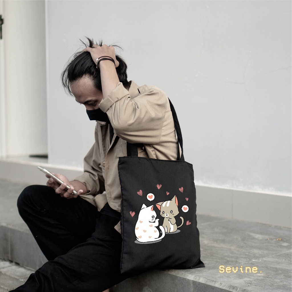 Sevine Totebag Tas Wanita Tote Bag Resleting Cute Cat Black Series Hitam - CSL2