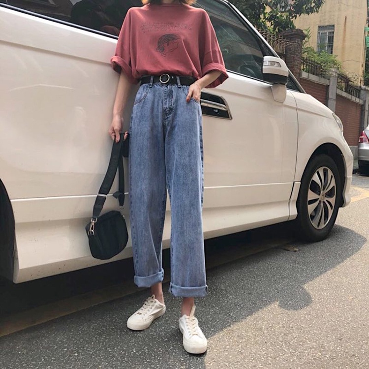 Celana Panjang Model Longgar Lebar Lurus High Waist Bahan Jeans Untuk Wanita