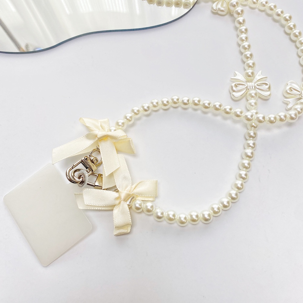Ins Tas Selempang / Bahu Wanita Bahan Akrilik Anti Hilang Warna Beige Hias Pita + Mutiara Untuk Handphone