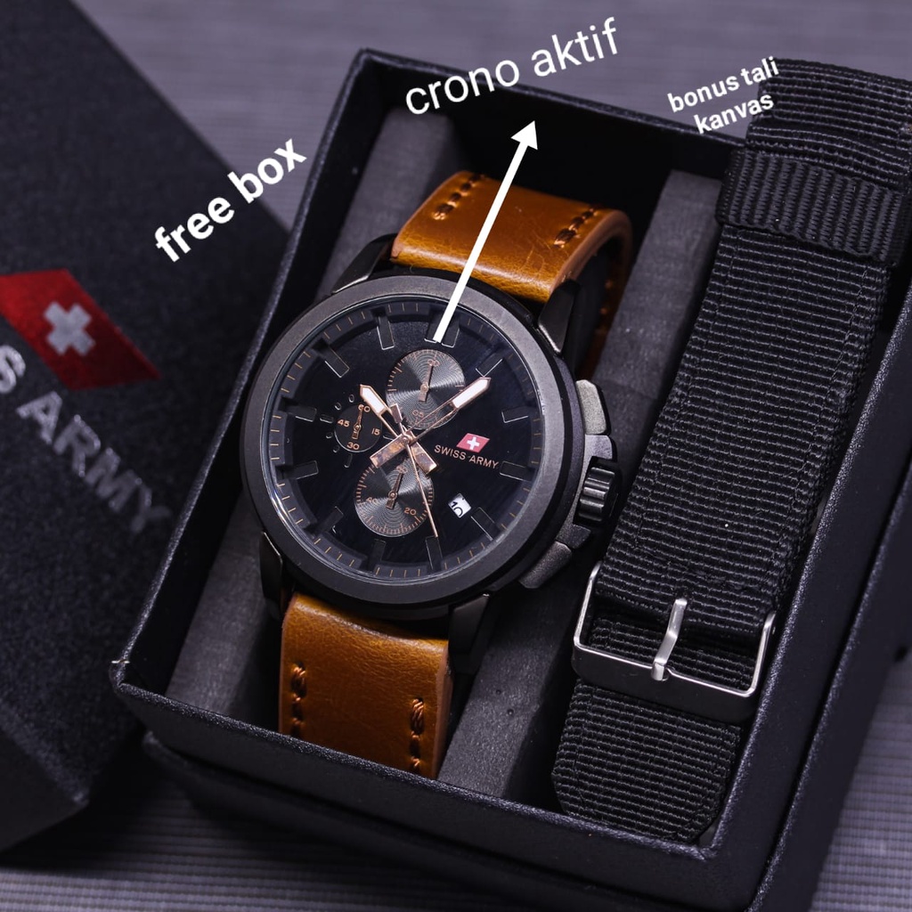 Jam Tangan Pria E31451V Tali Kulit Tanggal Chrono Aktif Free Box Exclusive Tali Kanvas &amp; Baterai