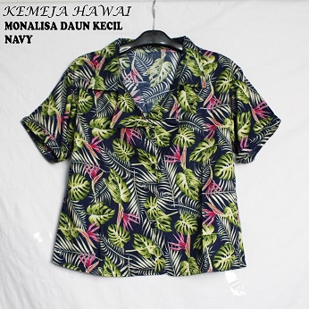 FORTGLASS MONALISA ASTER Baju Pantai Wanita Kemeja Hawai Bali Cewek Lengan Pendek Motif-DAUN KECIL NAVY