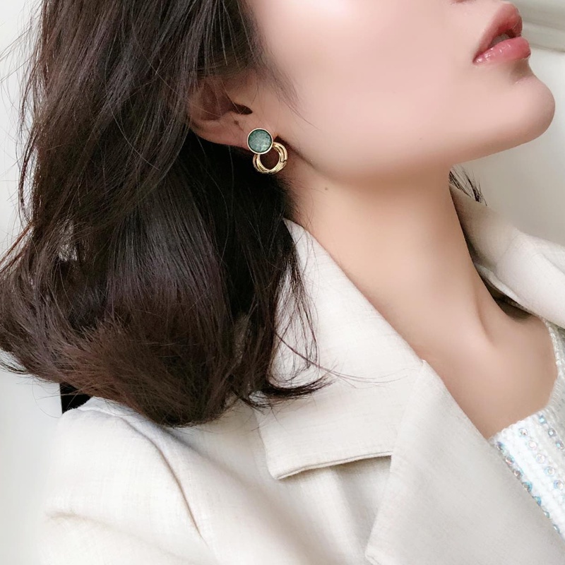 Anting Tusuk Gantung Bentuk Lingkaran Geometri Hias Zamrud Hijau / silver Gaya retro Untuk Wanita