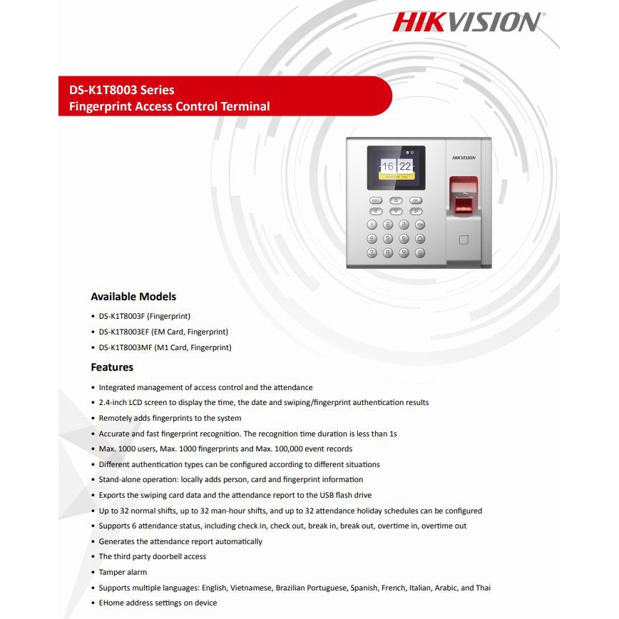 Hikvision Standalone Access Control Terminal DS-K1T8003EF 2.4-inch LCD screen with Max. 1000 users