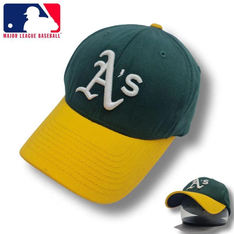 T09 Topi Caps Baseball Inisial AS A'S Green Yellow Topi Casual Major League MLB Flexit S - M