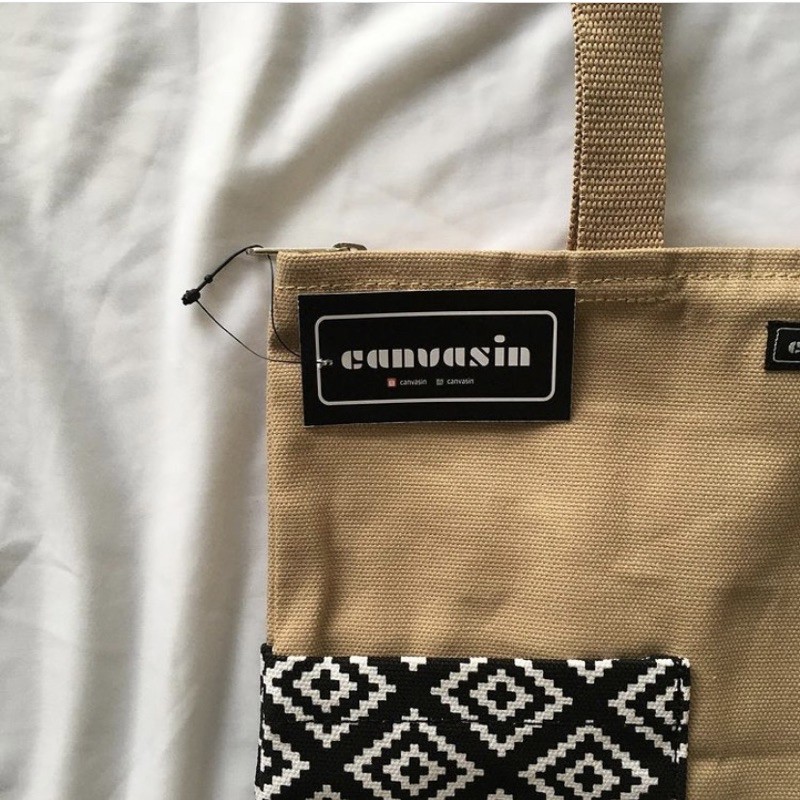 Tote bag khaki &amp; weaving motif - canvasin