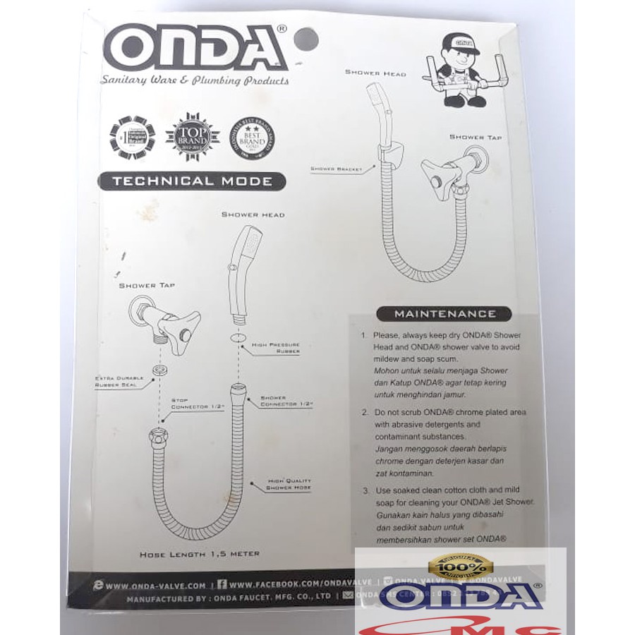 Hand Shower Mandi Kepala Segi 1.5 Meter 1/2 Inch ONDA SO-232-PB-1P2