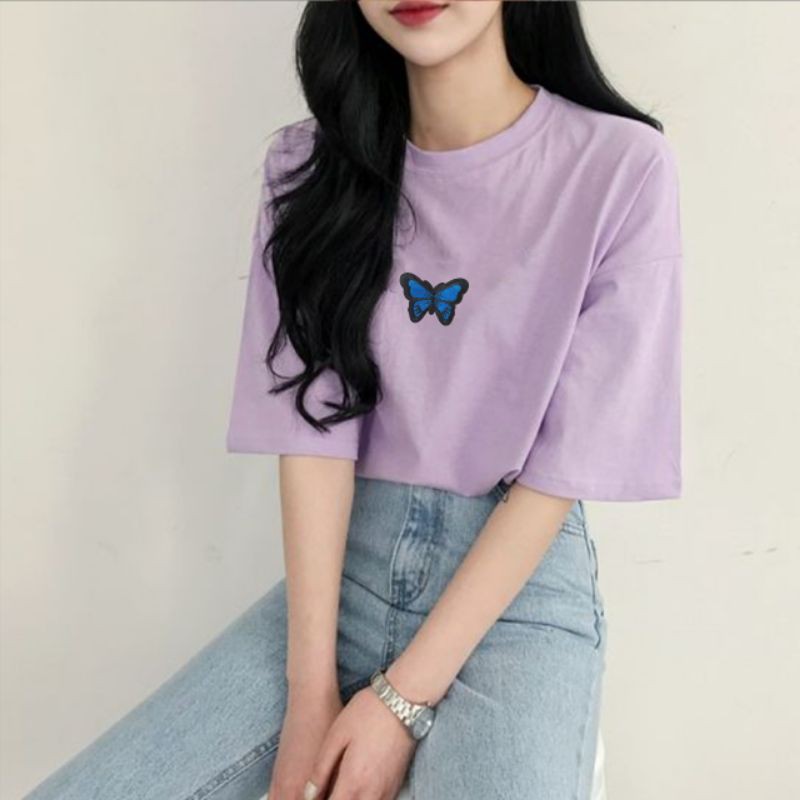 BLUE BUTTERFLY  / TERMURAH BAJU KAOS KATUN WANITA LENGAN PENDEK / TUMBLR TEE /  OVERSIZE