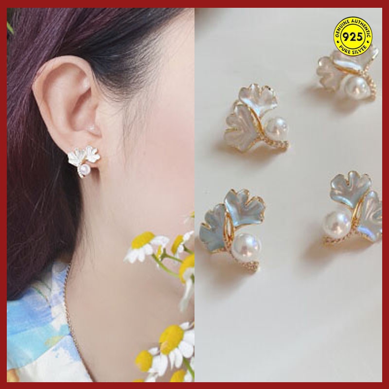 Anting Tusuk Sterling Silver 925 Lapis Emas 18K Desain Daun Ginkgo Hias Mutiara + Berlian Untuk Wanita