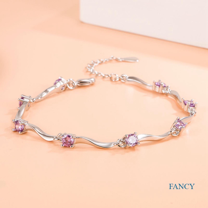 Gelang 925 Sterling Silver Aksen Zirconia Putih Shiny Untuk Wanita