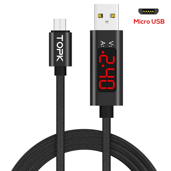 Kabel Charger Micro USB Braided 3A 1Meter with Voltage Meter - CS0127 - Black