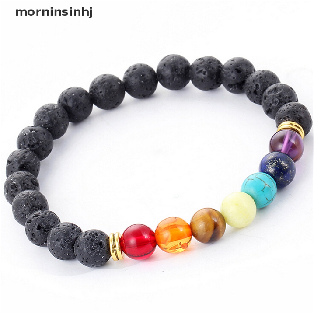 Mornin 1pc Gelang Tangan Manikmanik Batu Lava Rock Reiki 7 Chakra Untuk Wanita