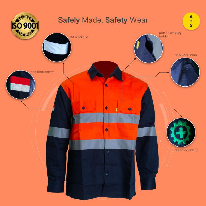 Wearpack Safety Baju Kerja Lengan Panjang Kombinasi Oren Navy ATX