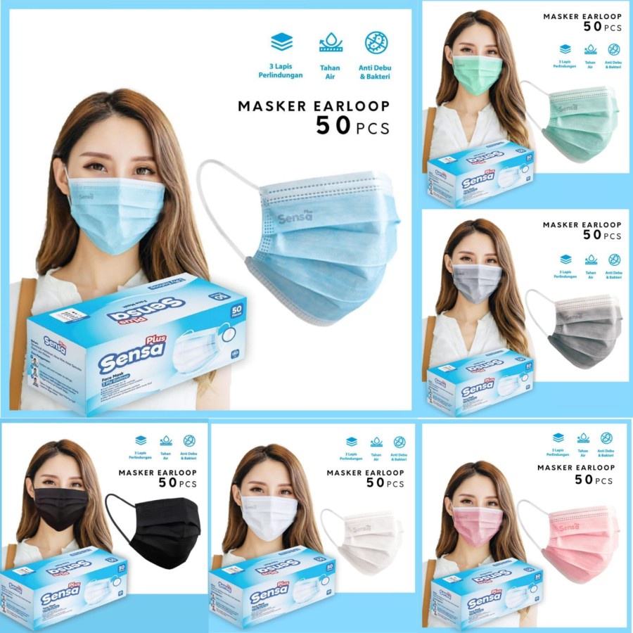 SENSA PLUS 3PLY MASK BOX ISI 50 - MASKER 3PLY EMBOS SENSA PLUS EARLOOP / HIJAB HEADLOOP KEMENKES