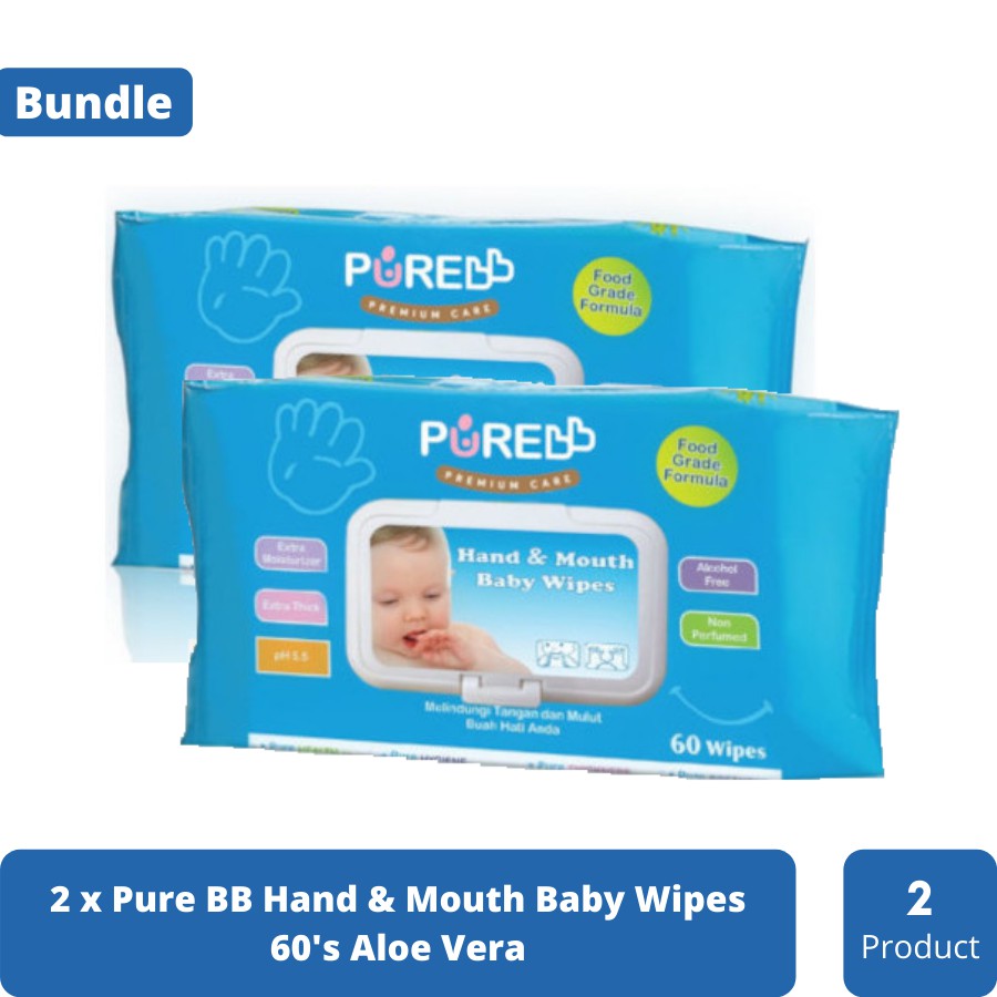 Jual Pure Baby Wipes Hand & Mouth 60's Aloe vera 2 Pack Tissu Basah