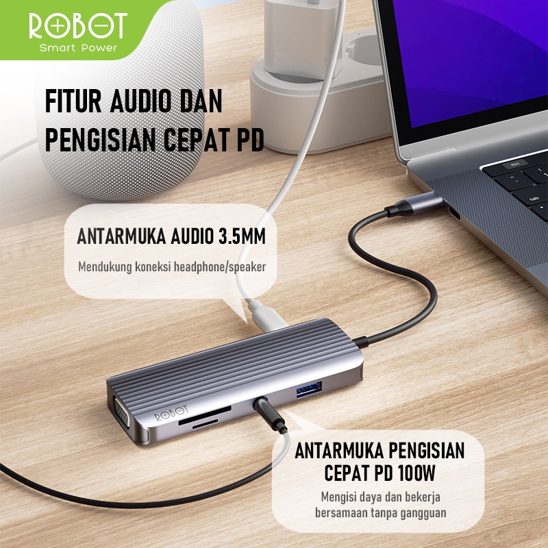 ROBOT HT590 Multiport 9in1 USB Type C HUB Adapter Lightweight &amp; Portable Space Grey Aluminium Alloy PORT USB 2.0 USB 2.0 3.5 mm Audio SD/TF PD HDMI VGA Transmisi Ganda Original - Garansi