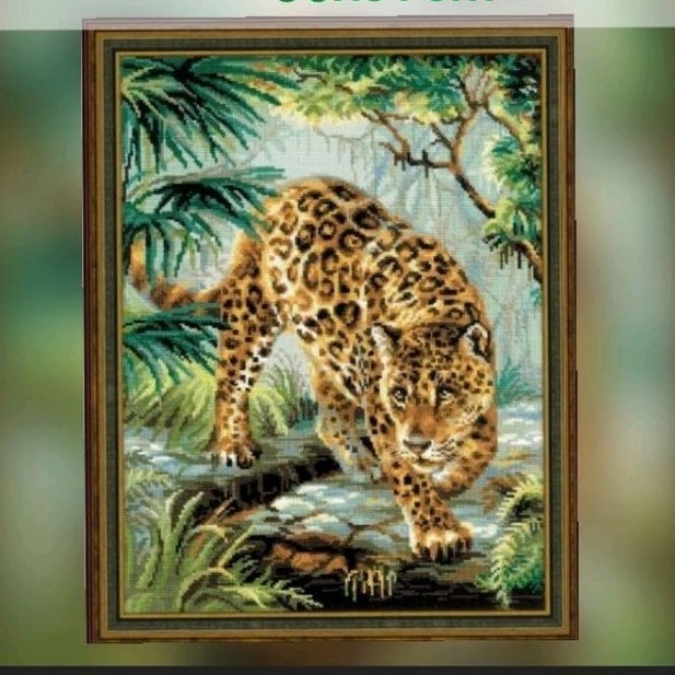 DIY paket kristik harimau macan tutul pola kain leopard jaguar cross stitch dmc 14ct embroidery kera