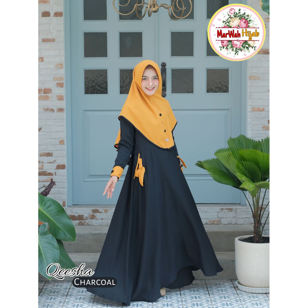 Termurah ori gamis marwah hijab qeesha dress charcoal gamis syari set khimar gamis terbaru syar'i