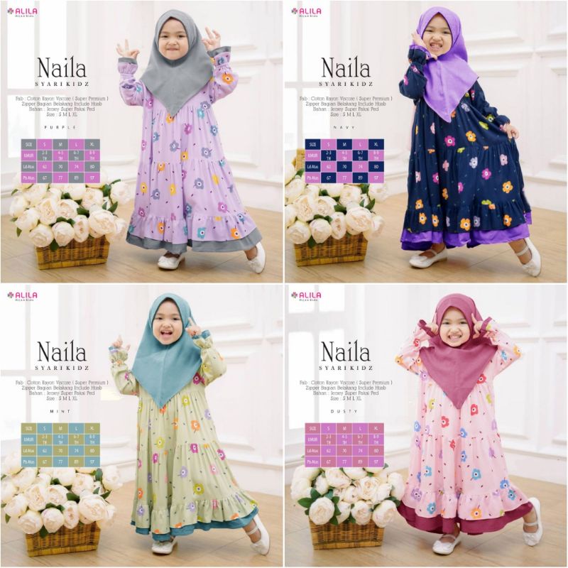 NAILA SYAR'I ANAK GAMIS RAYON MOTIF BUNGA + JILBAB JERSEY BY ALILA