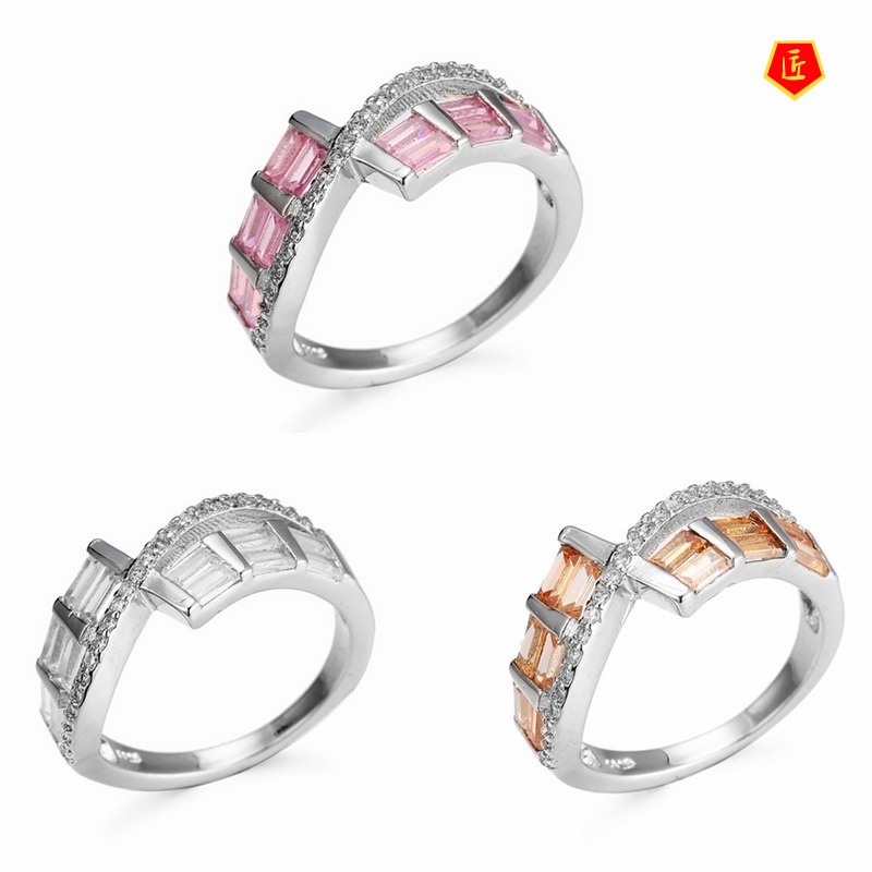 [Ready Stock]Creative Inlaid Square Diamond Pink Crystal Ring Female Fashion