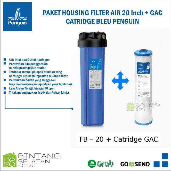 PAKET HOUSING FILTER AIR 20 Inch + GAC CATRIDGE BLEU PENGUIN