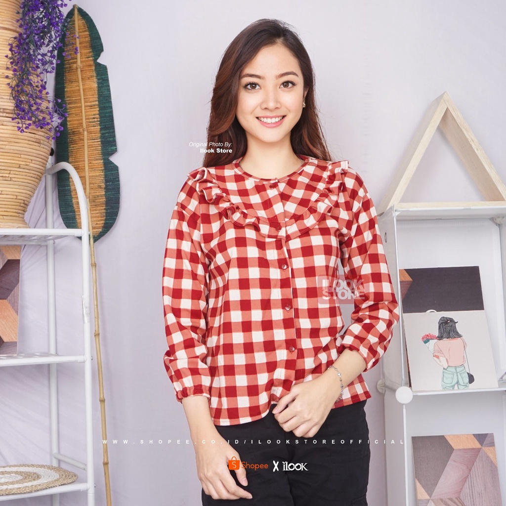 ilook | Monez Blouse | Blouse Motif Kotak | Bahan Creap - Fit to L-MONEZ - MAROON
