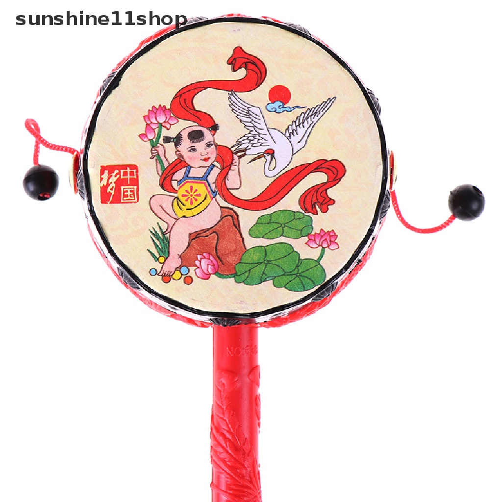 Sho 1Pc Mainan rattle Genggam Tradisional Cina Bentuk drum Motif Kartun Untuk Bayi