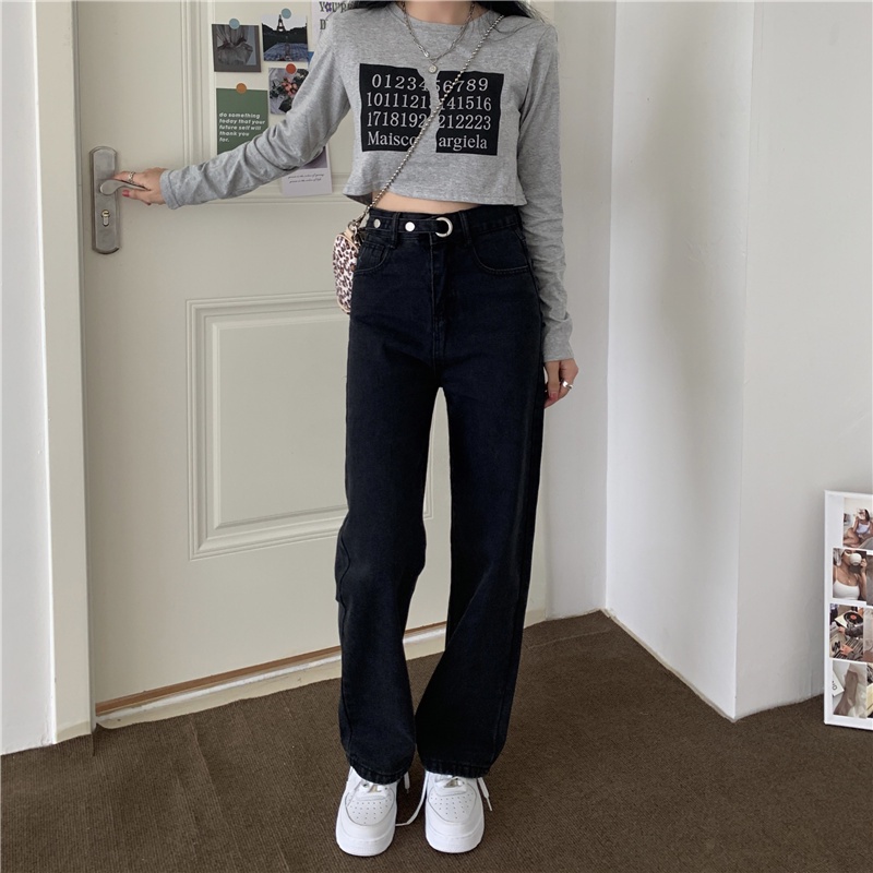 korean style new hitam kekinian longgar pengait celana jeans panjang wanita