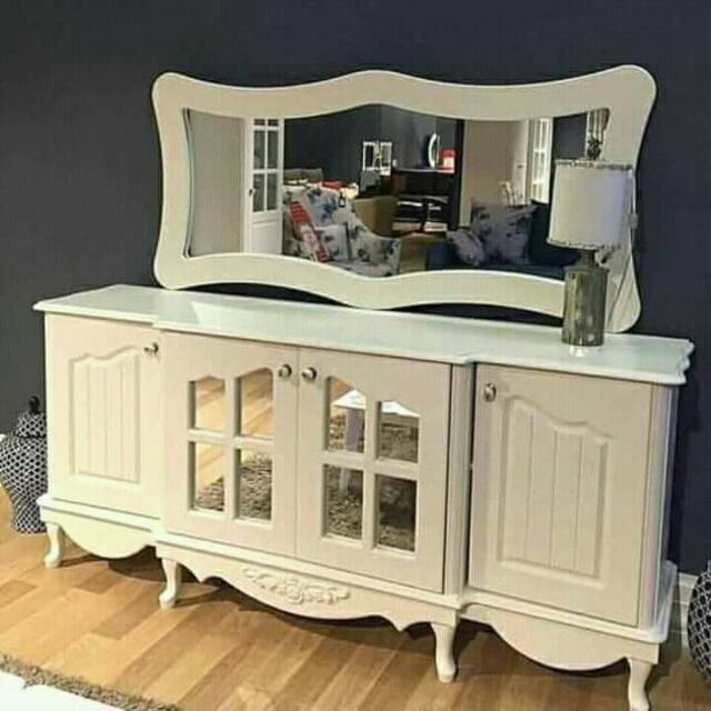 Bufet hias freme kaca cermin cat duco white