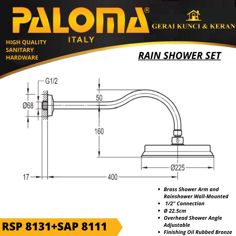 Shower Arm and Rainshower Wall Mounted Paloma RSP 8131 + SAP 8111