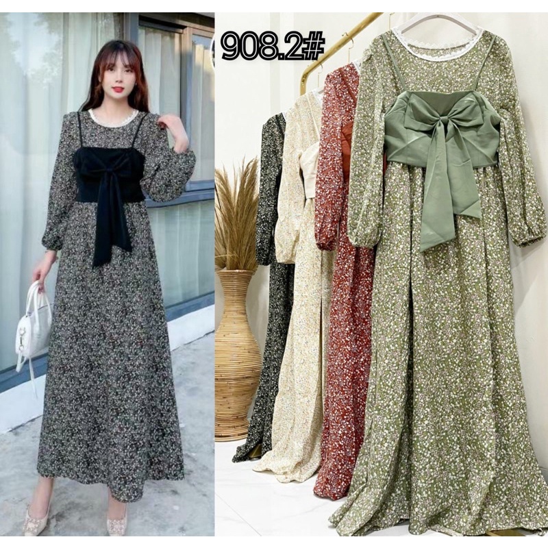 [ Retro Series ] Long dress bunga floral + kemben pita korean look import premium