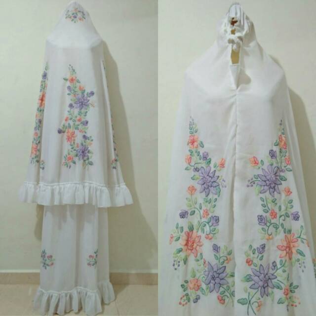 Mukena sulam bayang, bahan sifon helena, setelan,  pakai tas, 100%sulaman tangan, khas bukittinggi