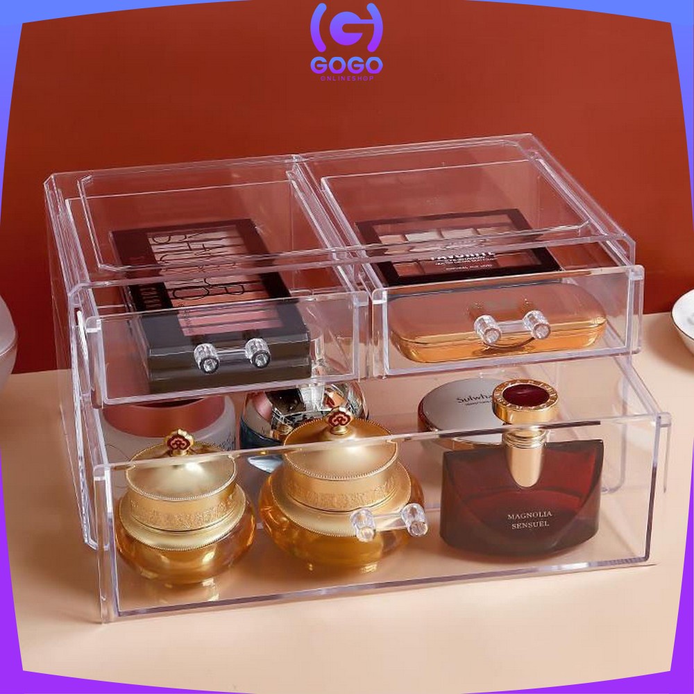 GOGO-K133 Rak Kosmetik Acrylic Transparan Dengan Penutup Anti Debu Storage Box / Tempat Penyimpanan Laci Rak Make Up Skincare Organizer Laci Multifungsi