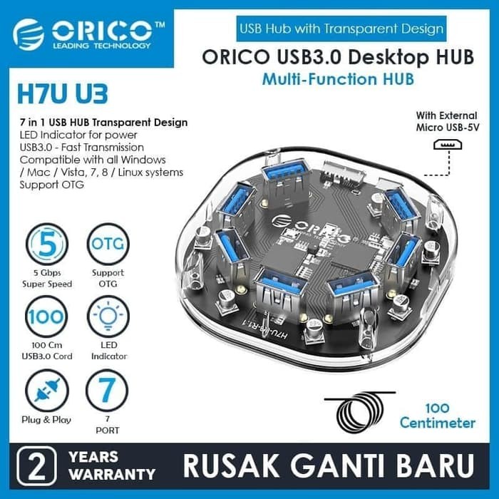 Usb hub 3.0 orico 7 port round transparent 5Gbps 100cm cable H7u-u3 - Terminal usb3.0 7 slot