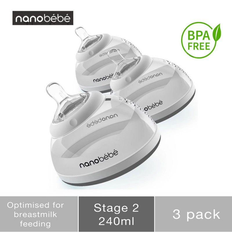 Nanobebe Breast Milk Bottle Triple Pack Grey 240ml