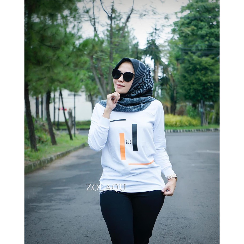 Zolaqu Kaos Wanita Lengan Panjang Terlaris 2021 Combed 24S Atasan Wanita [ Warna Putih Orange ]