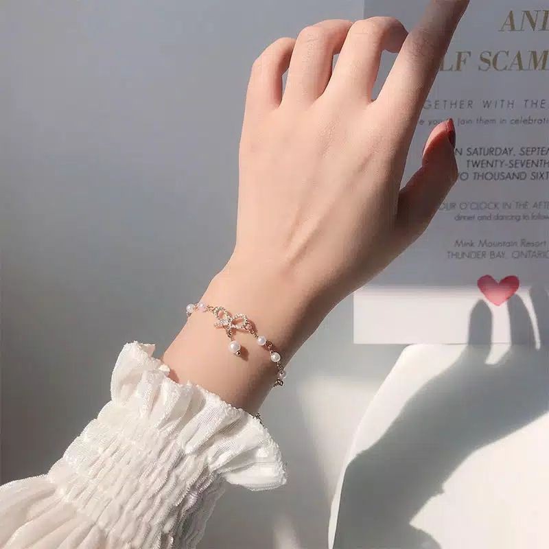 FerenHongXia gelang bangle mutiara aksen pita gaya korea untuk wanita lubuk pakam