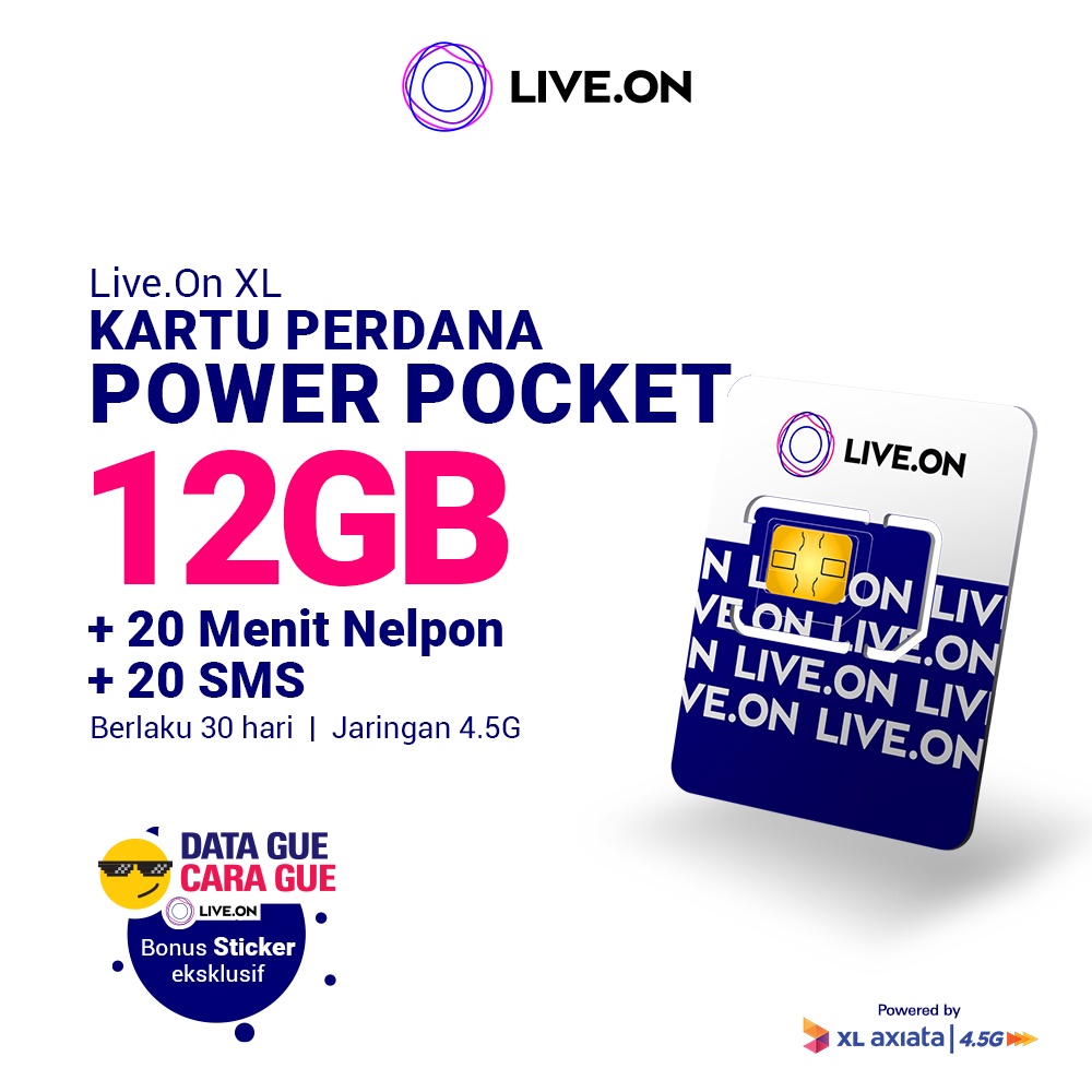 Live.On Kartu Perdana Power Pocket 12GB (30 hari) 4.5G + 20 Menit Nelpon + 20 SMS + Sticker E