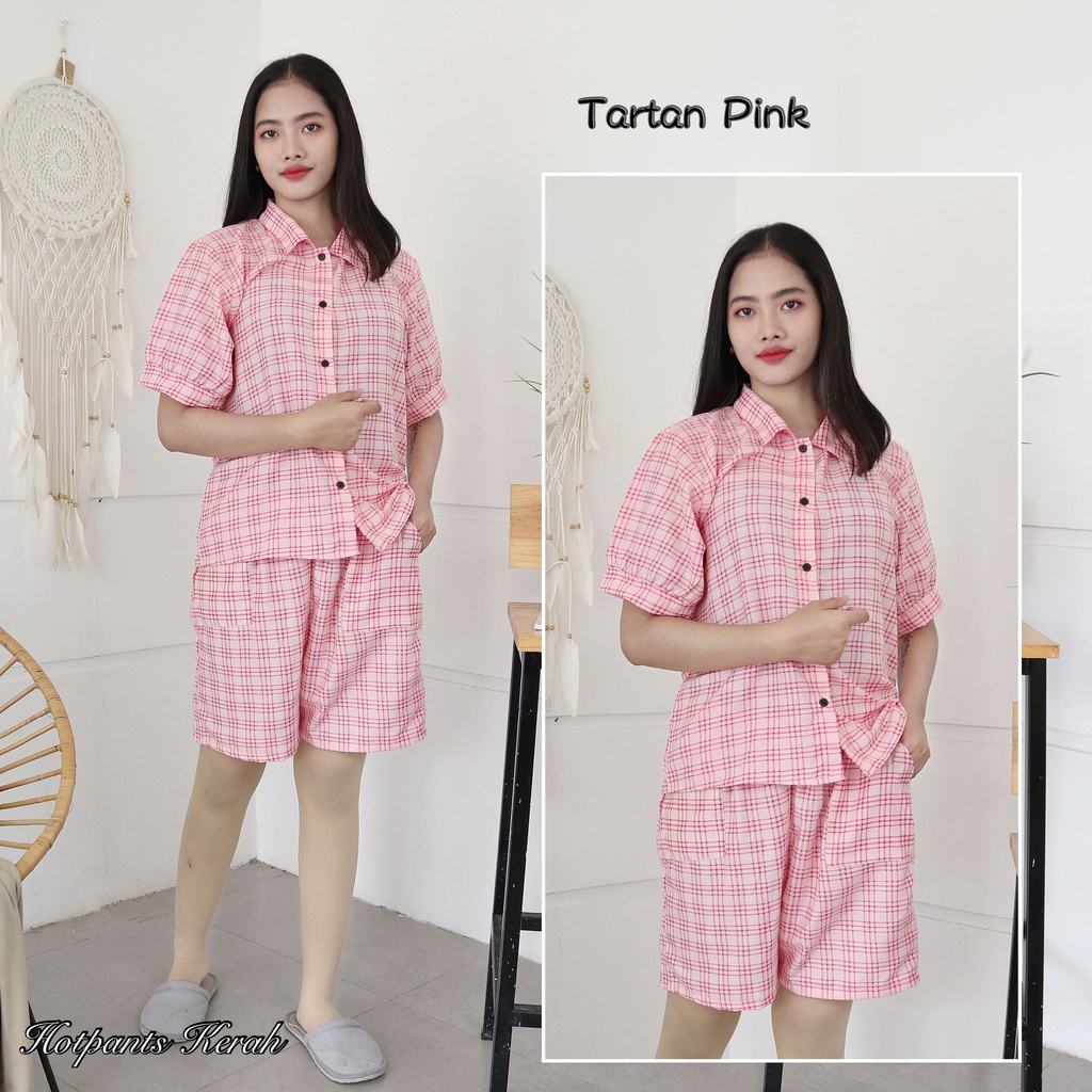 IZANY Piyama Dewasa Hotpant Lengan Balon / HP / Set Celana Pendek Dewasa banyak varian RAYON-TARTAN PINK RA