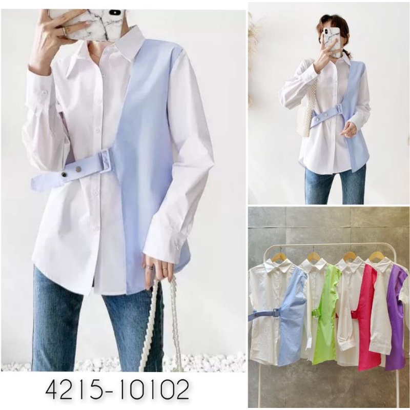 kemeja two tone belt baju wanita blouse korea
