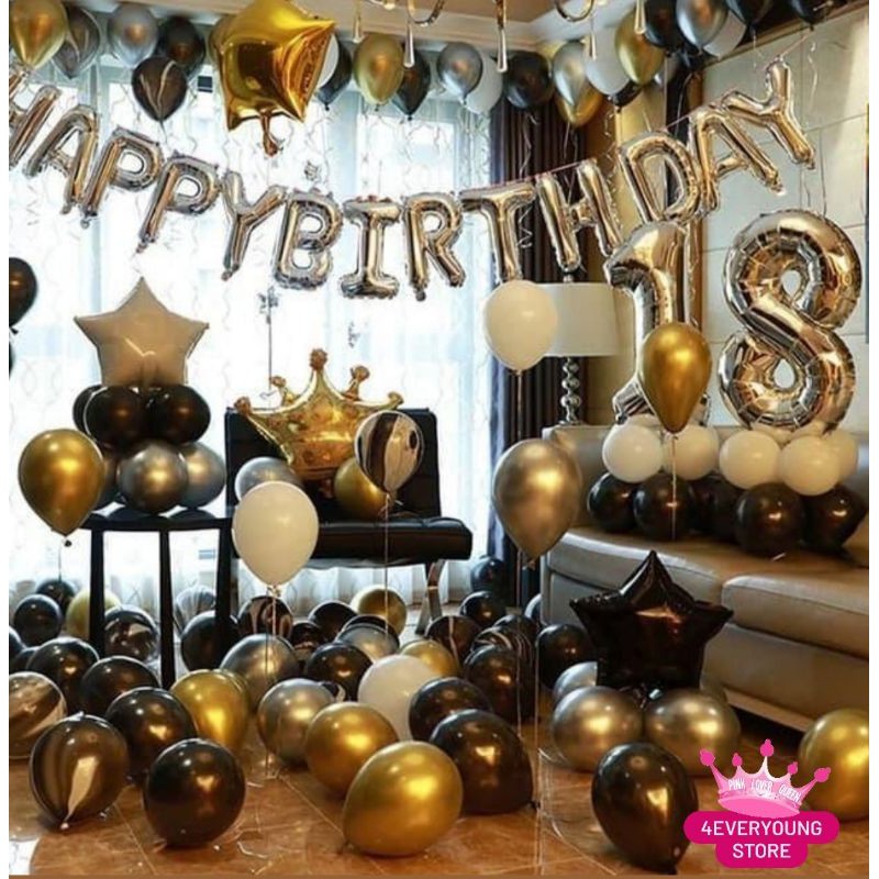 PAKET EXCLUSIVE DEKORASI HAPPY BIRTHDAY SET THEME BLACK GOLD MARBLE