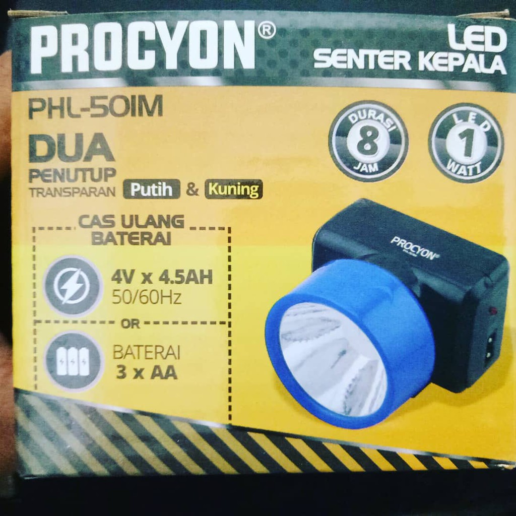 Senter Kepala LED PROCYON Dua penutup kuning dan putih Bisa cas ulang baterai atau baterai 3 x AA