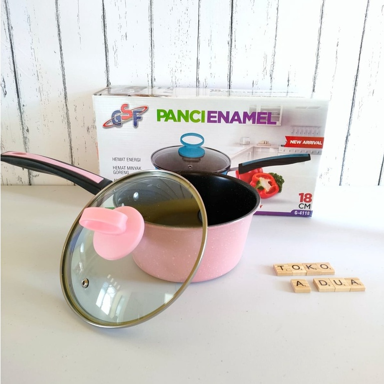 Panci Susu Enamel 18cm GSF 4118 Pink Biru Tutup Kaca/PANCI ENAMEL 18CM GSF G-4118 / PANCI SUSU ENAME