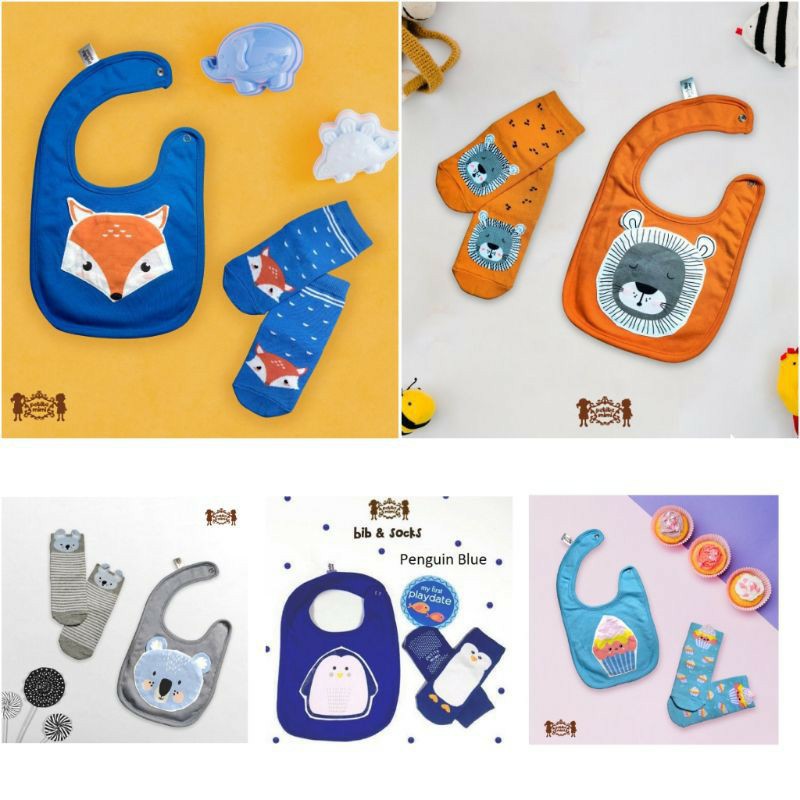 Petite Mimi Bibs + Socks 2in1 PM-BIBKK Slaber Celemek dan Kaos Kaki Bayi Motif