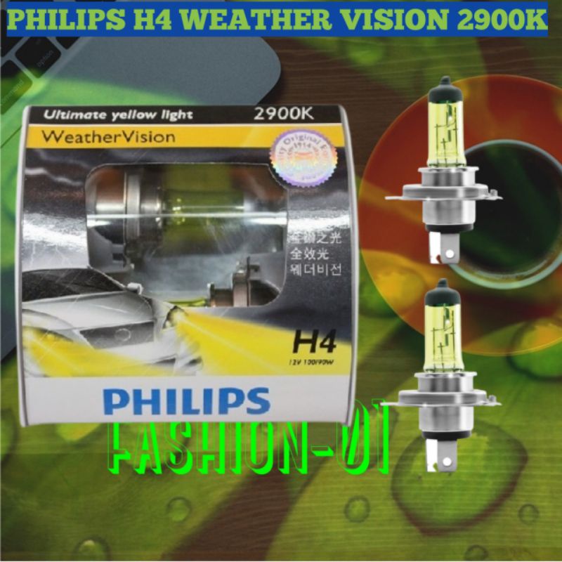 PHILIPS HALOGEN WEATHER VISION 2900K H4FIT 100/90W BOHLAM LAMPU MOBIL WARNA KUNING