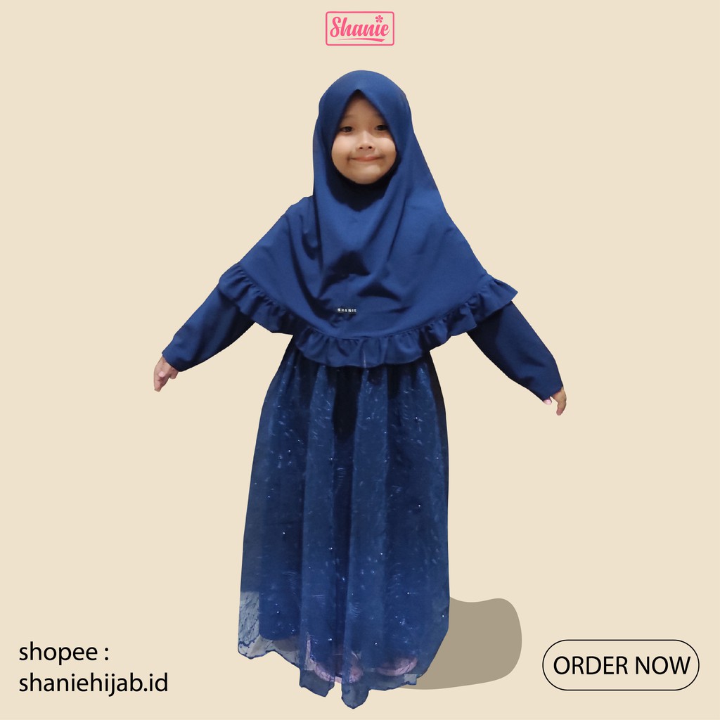 Gamis Anak (Free Mini Gold) Setelan Lengkap NAVY Gamis Set Anak Tulle Fashion Muslim Anak by Shanie